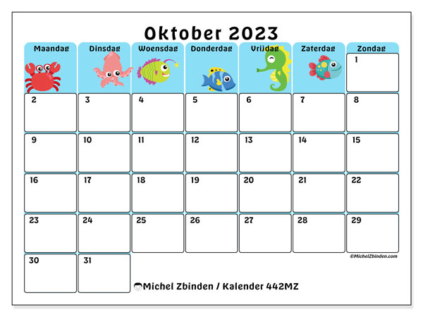 Kalender oktober 2023, 442MZ. Gratis printbare kaart.