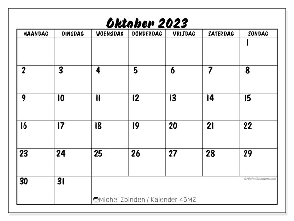 Kalender oktober 2023, 45MZ. Gratis printbare kaart.