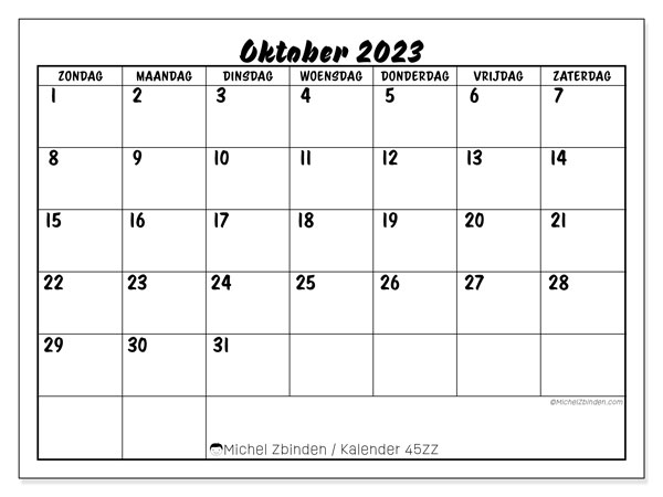 Kalender om af te drukken, oktober 2023, 45ZZ