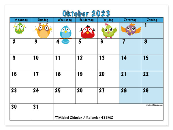 Kalender oktober 2023 “483”. Gratis af te drukken agenda.. Maandag tot zondag