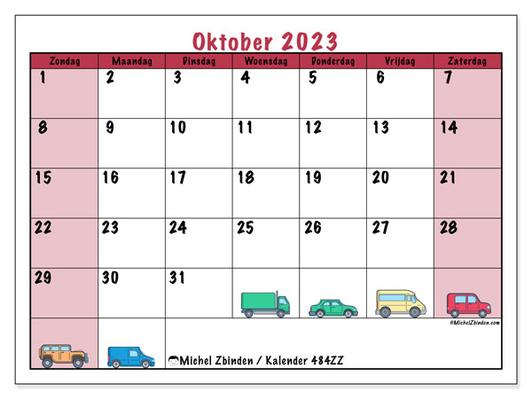 Kalender oktober 2023, 484ZZ. Gratis printbare kaart.