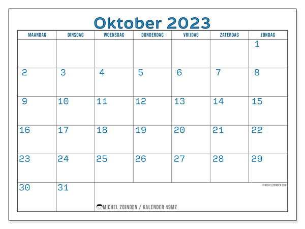 Kalender oktober 2023 “49”. Gratis printbare kaart.. Maandag tot zondag