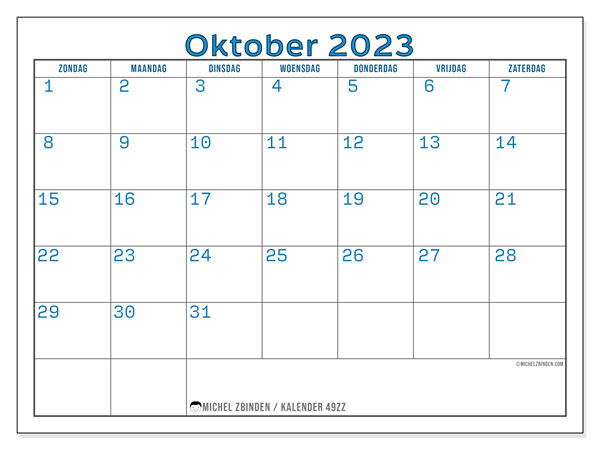Kalender oktober 2023, 49ZZ. Gratis printbare kaart.