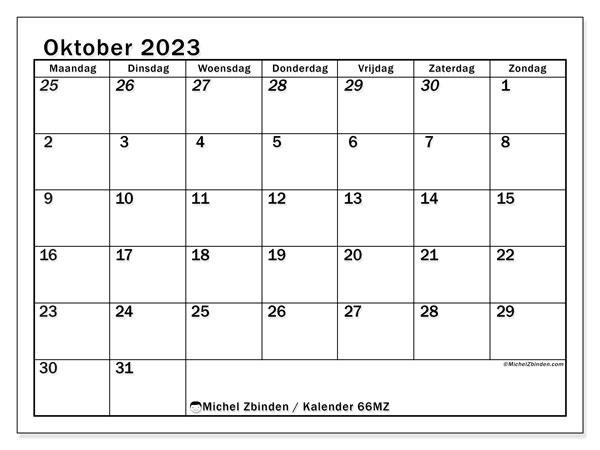 Kalender oktober 2023, 501MZ. Gratis printbare kaart.