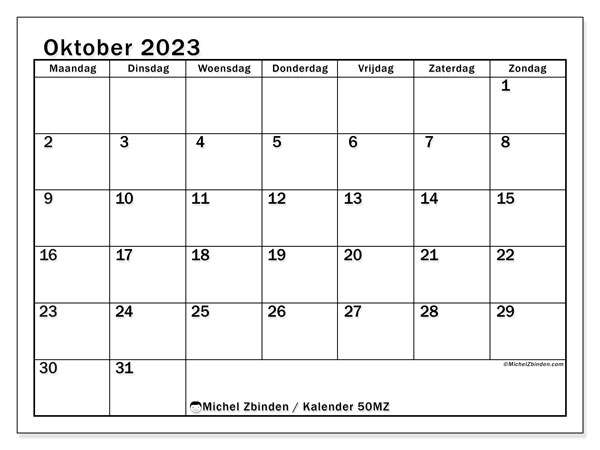 Kalender oktober 2023 om af te drukken. Maandkalender “50MZ” en agenda om gratis af te drukken