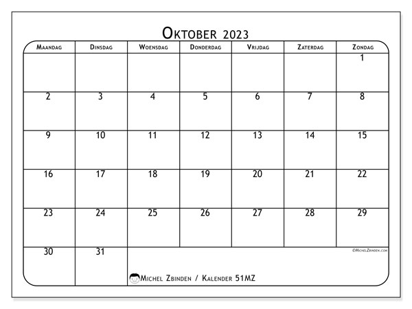 Kalender oktober 2023, 51MZ. Gratis printbare kaart.