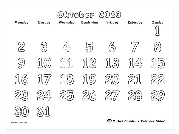 Kalender oktober 2023 om af te drukken. Maandkalender “56MZ” en agenda om gratis af te drukken