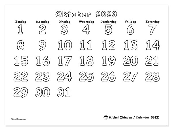 Kalender oktober 2023 “56”. Gratis afdrukbaar programma.. Zondag tot zaterdag