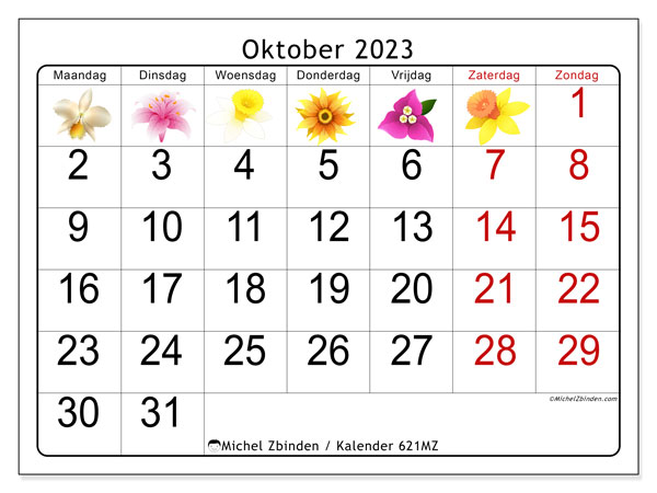 Kalender om af te drukken, oktober 2023, 621MZ