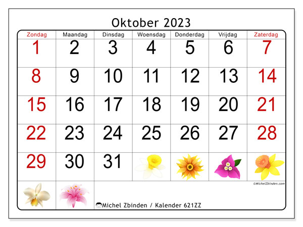 Kalender oktober 2023, 621ZZ. Gratis printbare kaart.
