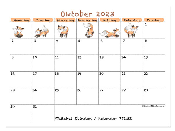 Kalender oktober 2023, 771MZ. Gratis printbare kaart.