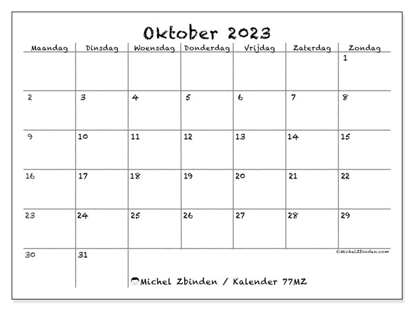 Kalender oktober 2023, 77MZ. Gratis printbare kaart.