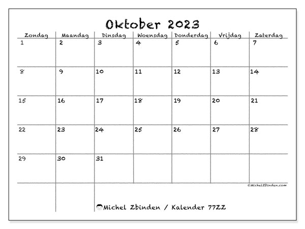 Kalender oktober 2023, 77ZZ. Gratis printbare kaart.