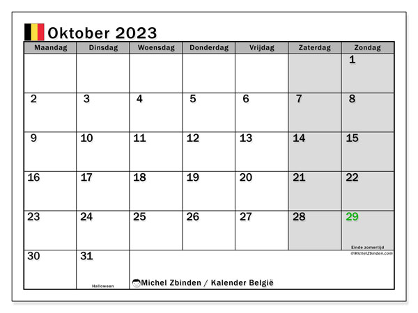 Calendário Outubro 2023 “Bélgica (NL)”. Horário gratuito para impressão.. Segunda a domingo
