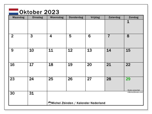 Calendrier octobre 2023, Pays-Bas (NL), prêt à imprimer et gratuit.