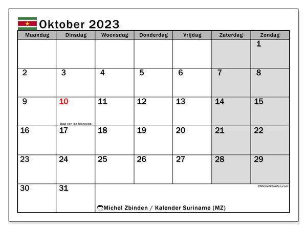 Kalender oktober 2023 “Suriname”. Gratis printbare kaart.. Maandag tot zondag