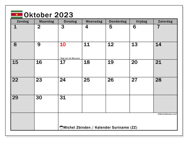 Kalender oktober 2023 “Suriname”. Gratis printbare kaart.. Zondag tot zaterdag