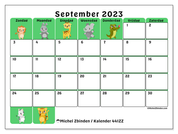 Kalender september 2023 “441”. Gratis afdrukbaar programma.. Zondag tot zaterdag