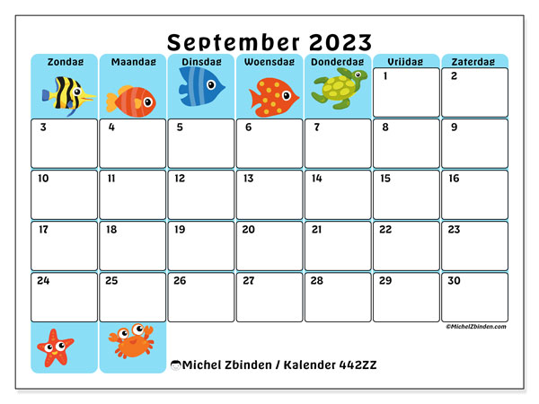 Kalender september 2023 “442”. Gratis printbaar schema.. Zondag tot zaterdag