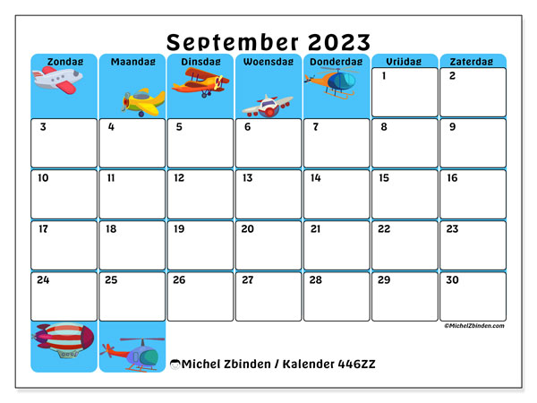 Kalender september 2023 “446”. Gratis afdrukbare kalender.. Zondag tot zaterdag