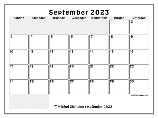 Kalender september 2023 “44”. Gratis afdrukbare kalender.. Zondag tot zaterdag