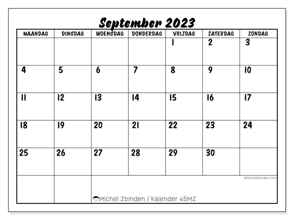 Kalender september 2023 “45”. Gratis printbaar schema.. Maandag tot zondag