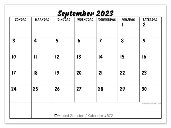 Kalender september 2023, 45ZZ. Gratis af te drukken agenda.