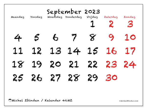 Kalender september 2023 “46”. Gratis printbaar schema.. Maandag tot zondag