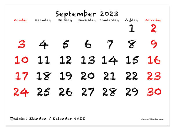 Kalender september 2023 “46”. Gratis printbare kaart.. Zondag tot zaterdag