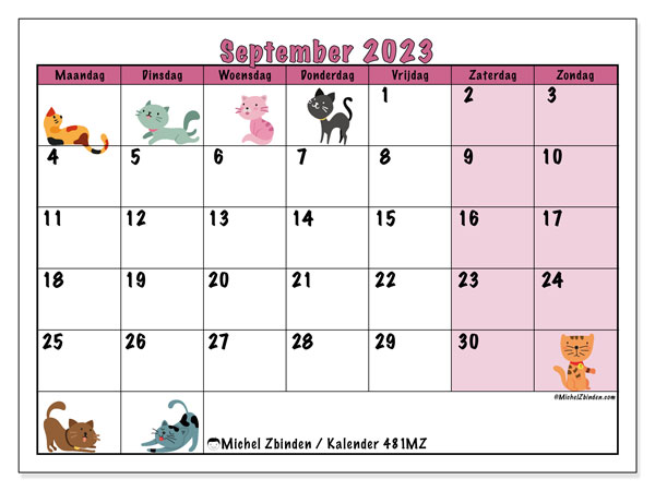 Kalender september 2023 “481”. Gratis afdrukbare kalender.. Maandag tot zondag