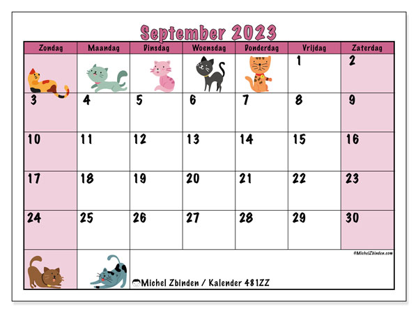 Kalender september 2023 “481”. Gratis afdrukbare kalender.. Zondag tot zaterdag