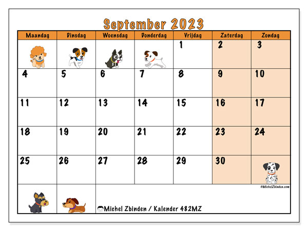 Kalender september 2023 “482”. Gratis printbare kaart.. Maandag tot zondag