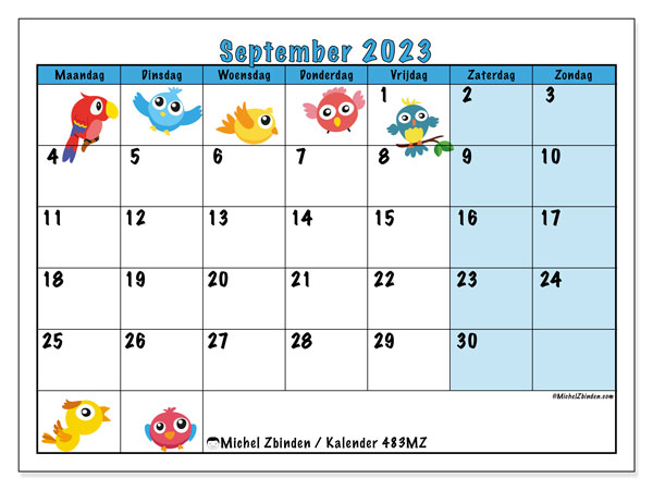 Kalender september 2023 “483”. Gratis af te drukken agenda.. Maandag tot zondag