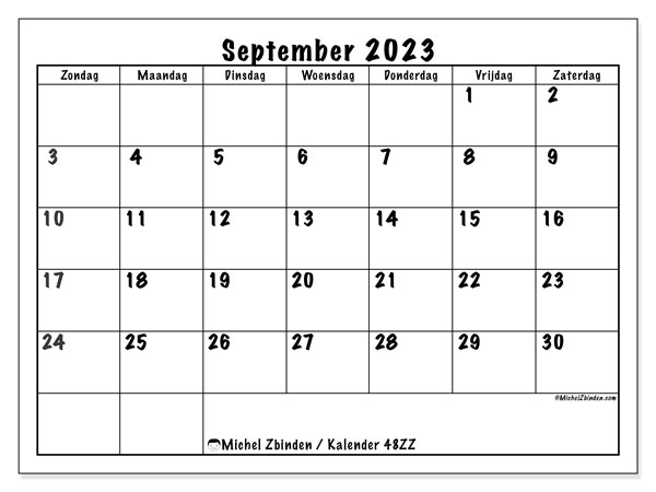 Kalender september 2023 “48”. Gratis afdrukbaar programma.. Zondag tot zaterdag