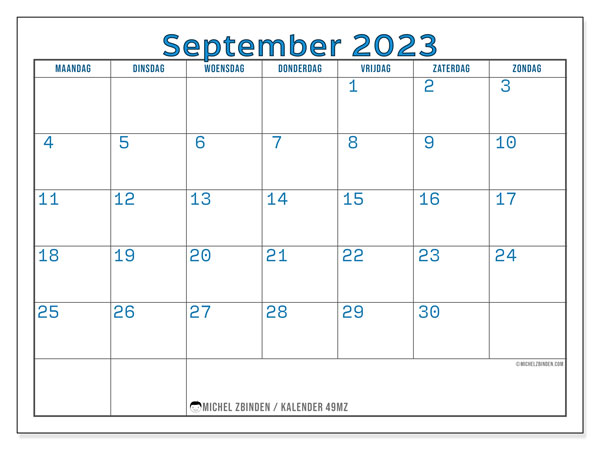 Kalender september 2023 “49”. Gratis af te drukken agenda.. Maandag tot zondag