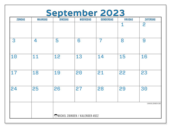 Kalender september 2023 “49”. Gratis af te drukken agenda.. Zondag tot zaterdag