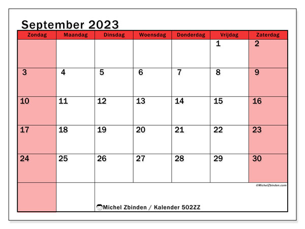 Kalender september 2023 “502”. Gratis printbaar schema.. Zondag tot zaterdag