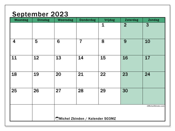 Kalender september 2023, 503MZ. Gratis printbaar schema.