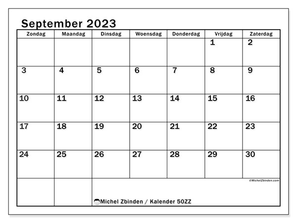 Kalender september 2023, 50ZZ. Gratis printbaar schema.