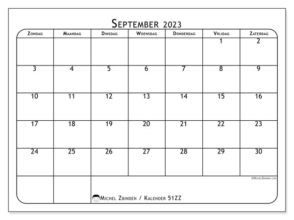 Kalender september 2023 “51”. Gratis afdrukbare kalender.. Zondag tot zaterdag
