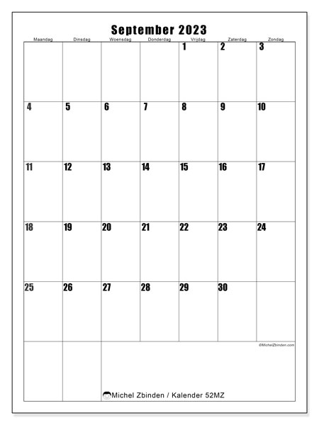 Kalender september 2023 om af te drukken. Maandkalender “52MZ” en gratis afdrukbare schema