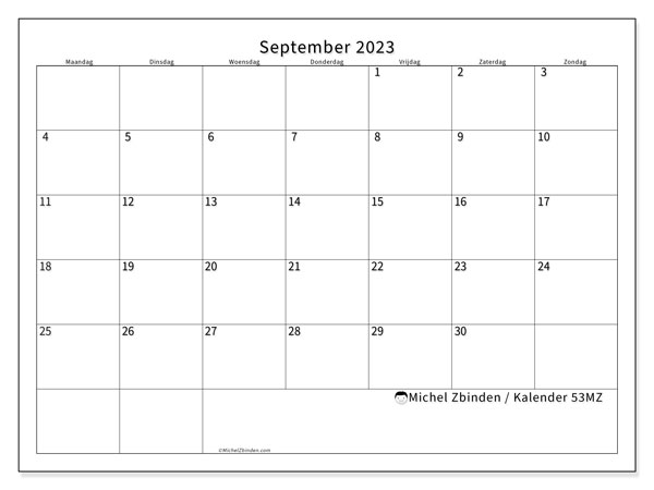 Kalender september 2023 “53”. Gratis afdrukbare kalender.. Maandag tot zondag