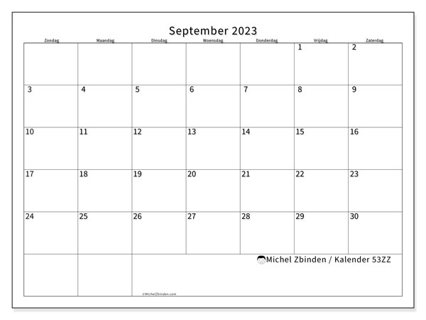 Kalender september 2023 “53”. Gratis afdrukbare kalender.. Zondag tot zaterdag