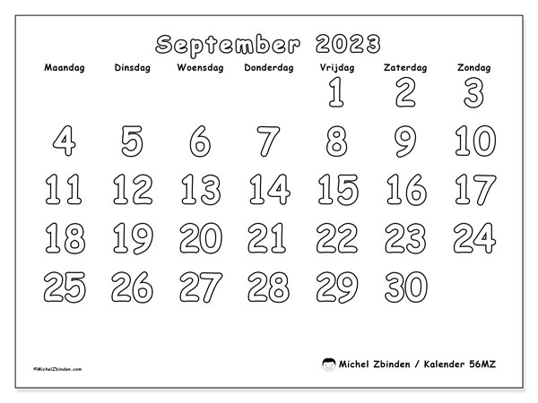 Kalender september 2023, 56MZ. Gratis printbaar schema.