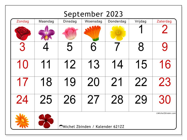 Kalender september 2023 “621”. Gratis af te drukken agenda.. Zondag tot zaterdag