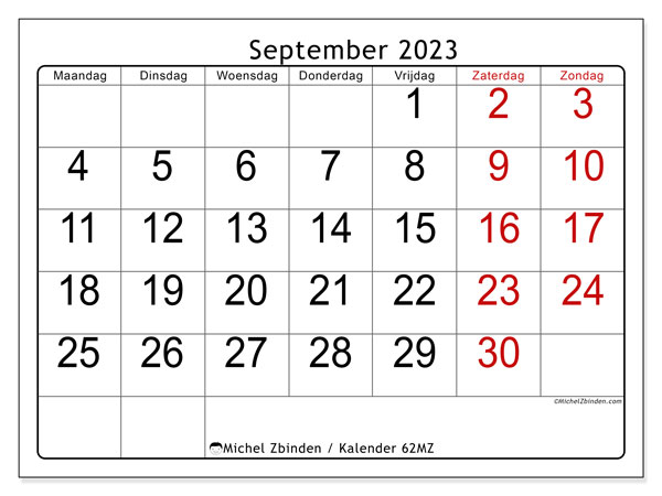 Kalender september 2023 om af te drukken. Maandkalender “62MZ” en gratis printbare schema