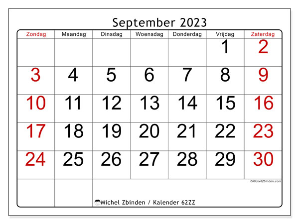Kalender september 2023 “62”. Gratis afdrukbaar programma.. Zondag tot zaterdag