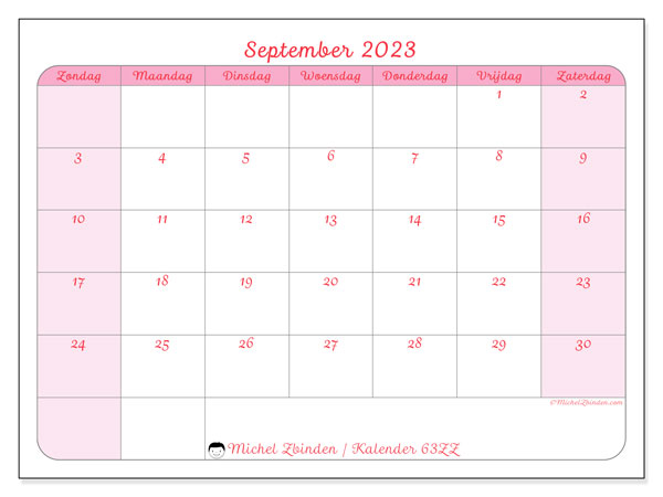 Kalender september 2023 “63”. Gratis printbare kaart.. Zondag tot zaterdag