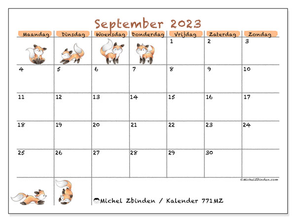 Kalender september 2023 “771”. Gratis afdrukbare kalender.. Maandag tot zondag
