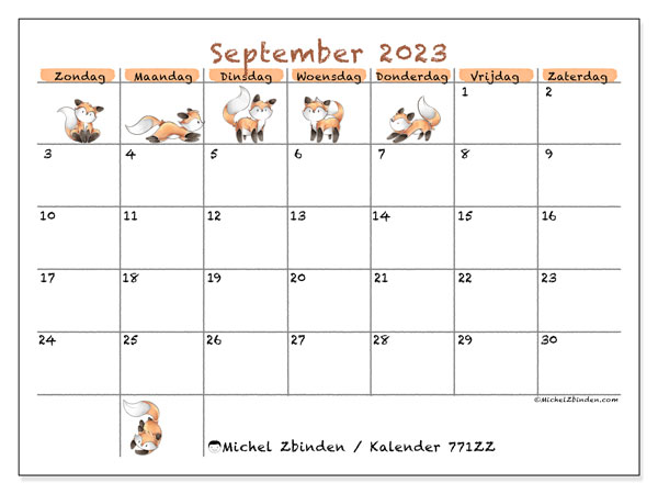 Kalender september 2023 “771”. Gratis afdrukbare kalender.. Zondag tot zaterdag